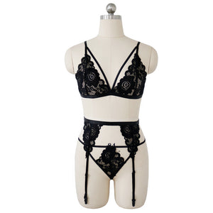 Leechee 3pcs Sexy Women&#39;s Underwear Floral Lace Lingerie Set With Garter Black Wire Free Brassiere Transparent Underwear Bra Set