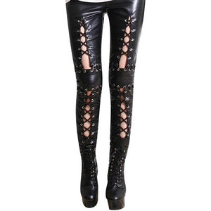 Wet Look Latex Leggings with strings - leggings in lattice effetto bagnato con stringhe